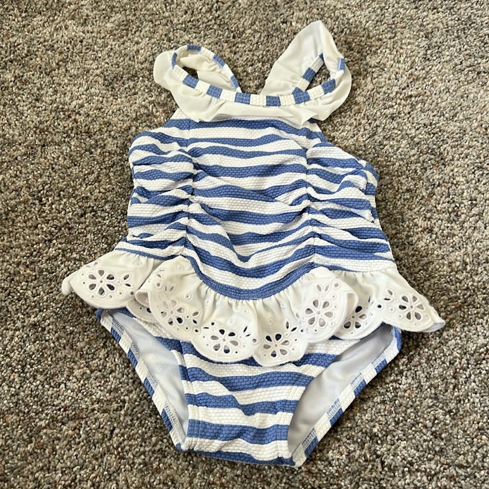 Janie and Jack blue and white striped ruffle eyelet swimsuit 18-24 month